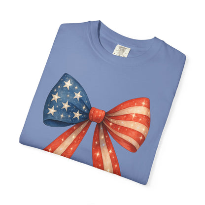 American Flag Bow T-Shirt, Patriotic Red White Blue Tee, 4th of July Unisex Top, Independence Day Shirt, USA Flag Graphic Tee