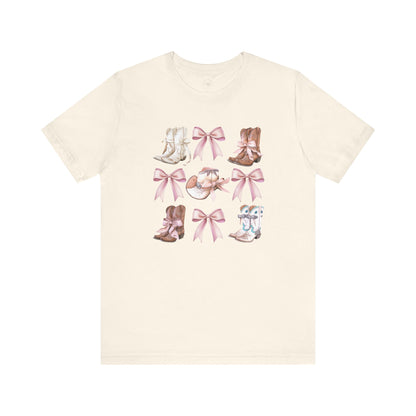 Cowgirl Boots and Sweet Pink Bows Unisex Jersey Tee, Southern Style Shirt, Western Graphic T-Shirt, Rodeo Theme Top, Country Music Fan Gift