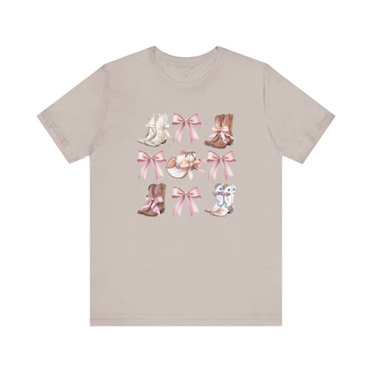 Cowgirl Boots and Sweet Pink Bows Unisex Jersey Tee, Southern Style Shirt, Western Graphic T-Shirt, Rodeo Theme Top, Country Music Fan Gift