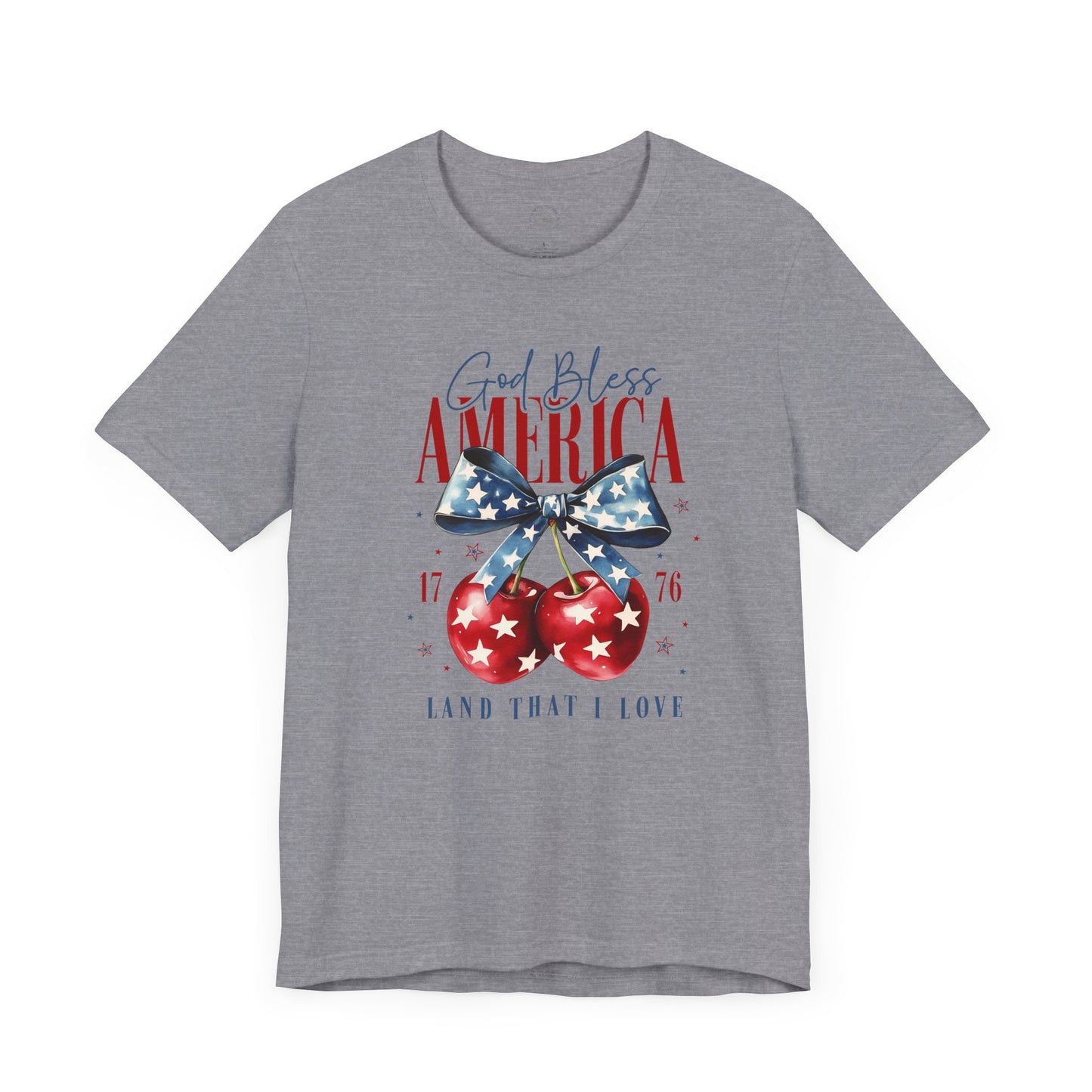 Cherry God Bless America Unisex Tee, Patriotic Cherries Shirt, USA Independence Day Top, Red White Blue Tee, American Theme T-Shirt