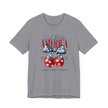 Cherry God Bless America Unisex Tee, Patriotic Cherries Shirt, USA Independence Day Top, Red White Blue Tee, American Theme T-Shirt