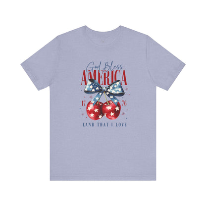 Cherry God Bless America Unisex Tee, Patriotic Cherries Shirt, USA Independence Day Top, Red White Blue Tee, American Theme T-Shirt