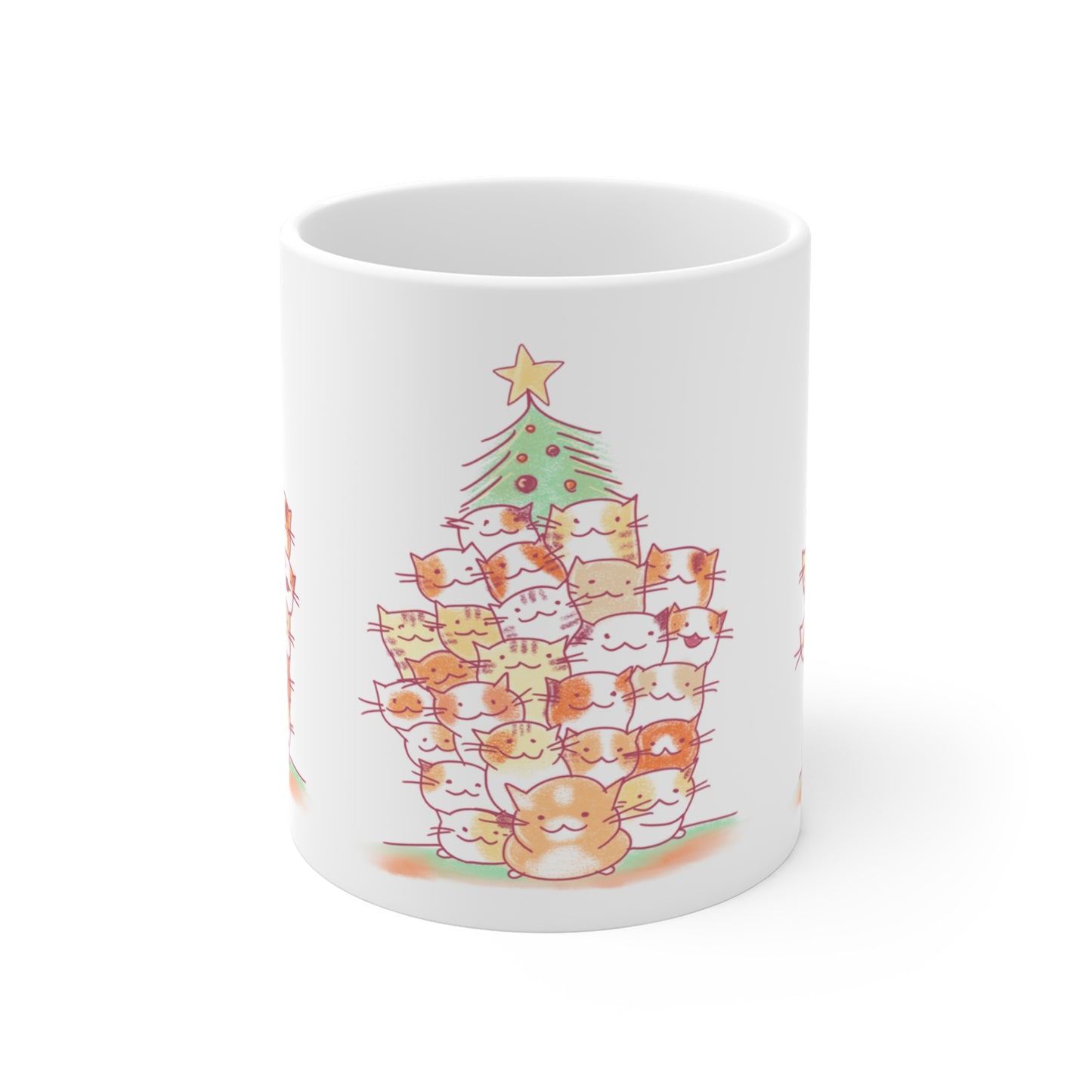 Cute Cat Christmas Tree Mug | 11oz White Coffee Cup | Cat Lover Holiday Gift | Wrapped Design