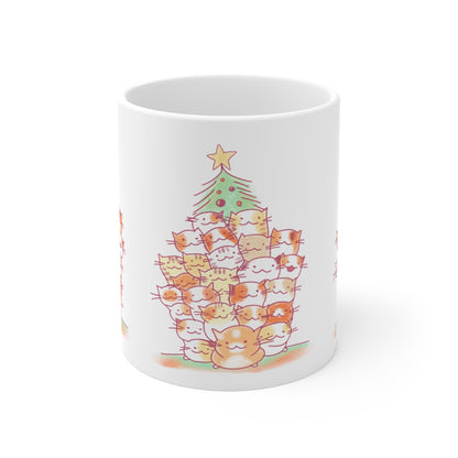Cute Cat Christmas Tree Mug | 11oz White Coffee Cup | Cat Lover Holiday Gift | Wrapped Design