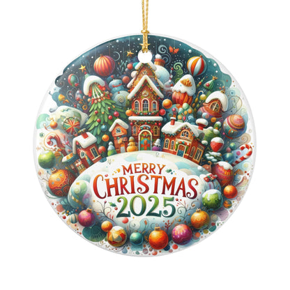 Merry Christmas 2025 Village Scene Ceramic Ornament | Round Holiday Decoration