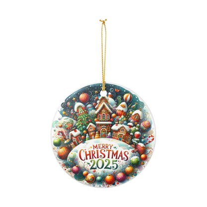 Merry Christmas 2025 Village Scene Ceramic Ornament | Round Holiday Decoration
