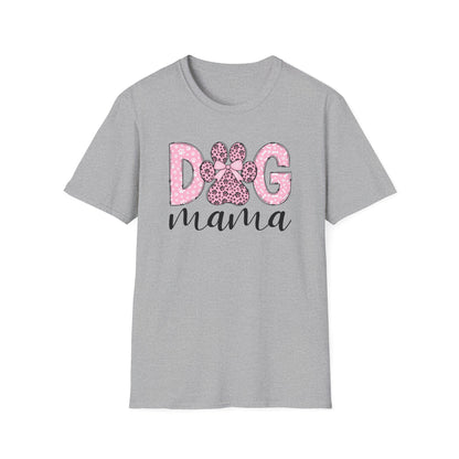 Dog Mama Pink Paw Print T-Shirt  Cute Dog Lover Graphic Tee  Pretty Pink Text with Paw Detail  Pet Mom Shirt