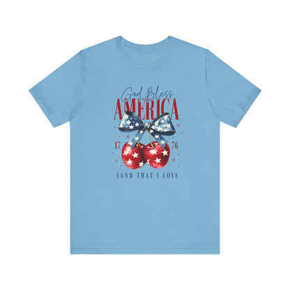 Cherry God Bless America Unisex Tee, Patriotic Cherries Shirt, USA Independence Day Top, Red White Blue Tee, American Theme T-Shirt