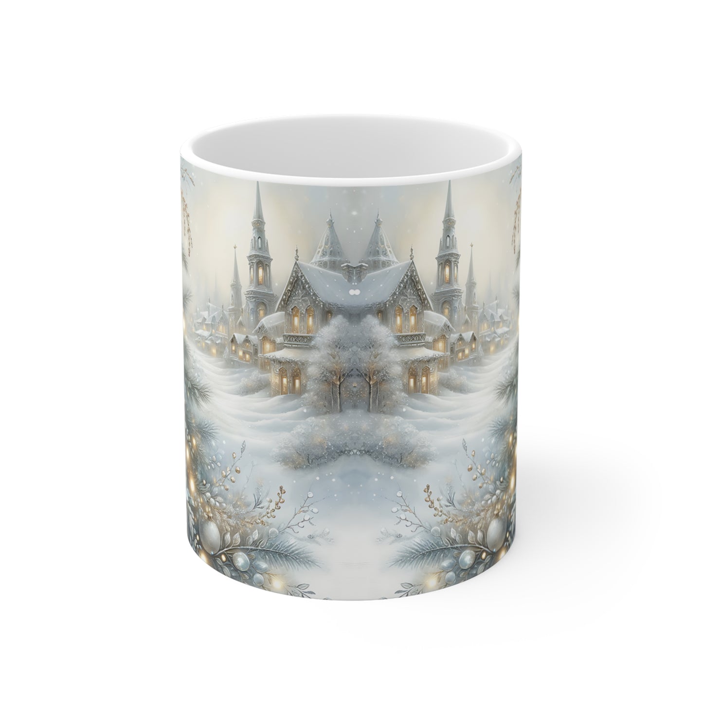 Vintage Christmas Mug | Snowy Village Scene | Silver Blue White Holiday Mug | 11oz Ceramic Cup
