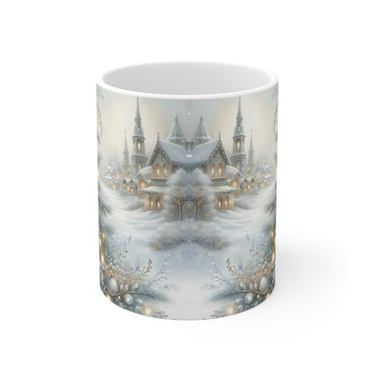 Vintage Christmas Mug | Snowy Village Scene | Silver Blue White Holiday Mug | 11oz Ceramic Cup