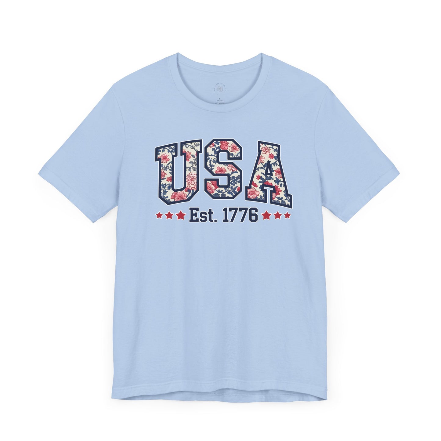 USA Floral Graphic Unisex Tee, Casual T-Shirt, Miss America Apparel, 4th of July Shirt, Est 1776, Comfy Top, Gift for her, Patriotic Shirt,