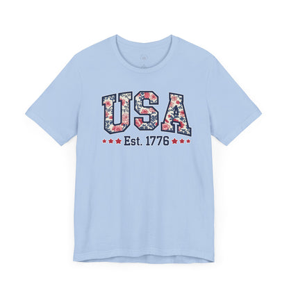 USA Floral Graphic Unisex Tee, Casual T-Shirt, Miss America Apparel, 4th of July Shirt, Est 1776, Comfy Top, Gift for her, Patriotic Shirt,