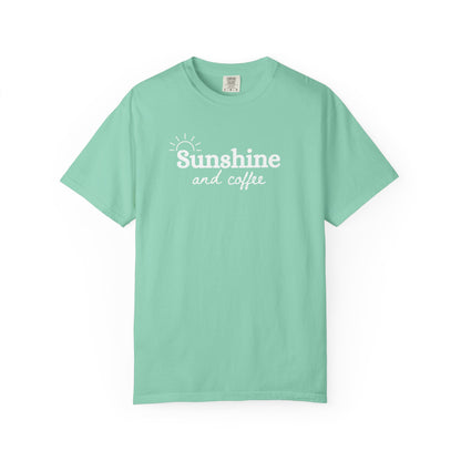 Sunshine and Coffee Unisex T-shirt, Summer Vibes Tee, Fun Colorful Shirt, Beach Lover Gift, Coffee Lovers Tee, Gift for Him/Her