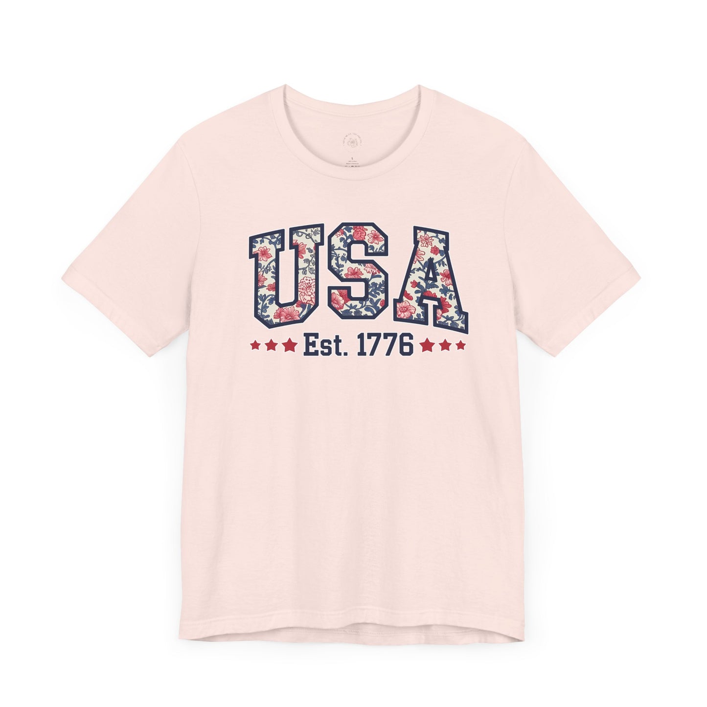 USA Floral Graphic Unisex Tee, Casual T-Shirt, Miss America Apparel, 4th of July Shirt, Est 1776, Comfy Top, Gift for her, Patriotic Shirt,