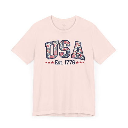 USA Floral Graphic Unisex Tee, Casual T-Shirt, Miss America Apparel, 4th of July Shirt, Est 1776, Comfy Top, Gift for her, Patriotic Shirt,