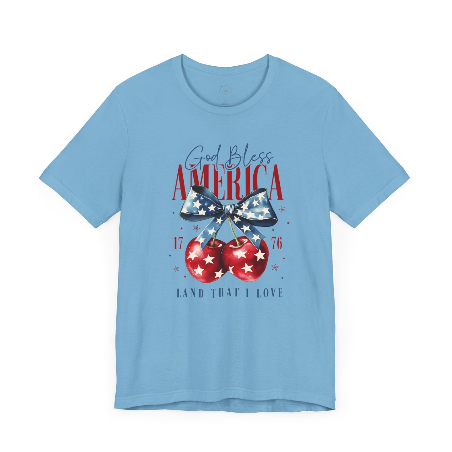 Cherry God Bless America Unisex Tee, Patriotic Cherries Shirt, USA Independence Day Top, Red White Blue Tee, American Theme T-Shirt
