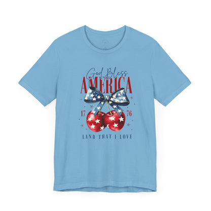 Cherry God Bless America Unisex Tee, Patriotic Cherries Shirt, USA Independence Day Top, Red White Blue Tee, American Theme T-Shirt