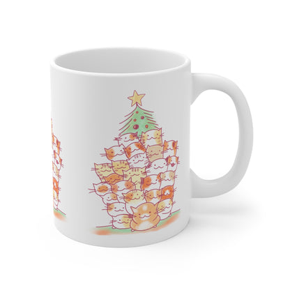 Cute Cat Christmas Tree Mug | 11oz White Coffee Cup | Cat Lover Holiday Gift | Wrapped Design