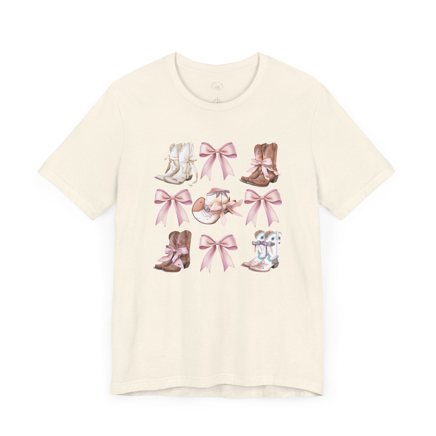 Cowgirl Boots and Sweet Pink Bows Unisex Jersey Tee, Southern Style Shirt, Western Graphic T-Shirt, Rodeo Theme Top, Country Music Fan Gift