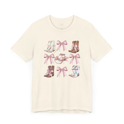 Cowgirl Boots and Sweet Pink Bows Unisex Jersey Tee, Southern Style Shirt, Western Graphic T-Shirt, Rodeo Theme Top, Country Music Fan Gift