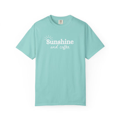 Sunshine and Coffee Unisex T-shirt, Summer Vibes Tee, Fun Colorful Shirt, Beach Lover Gift, Coffee Lovers Tee, Gift for Him/Her