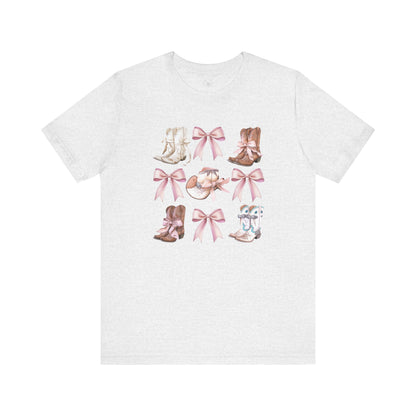 Cowgirl Boots and Sweet Pink Bows Unisex Jersey Tee, Southern Style Shirt, Western Graphic T-Shirt, Rodeo Theme Top, Country Music Fan Gift