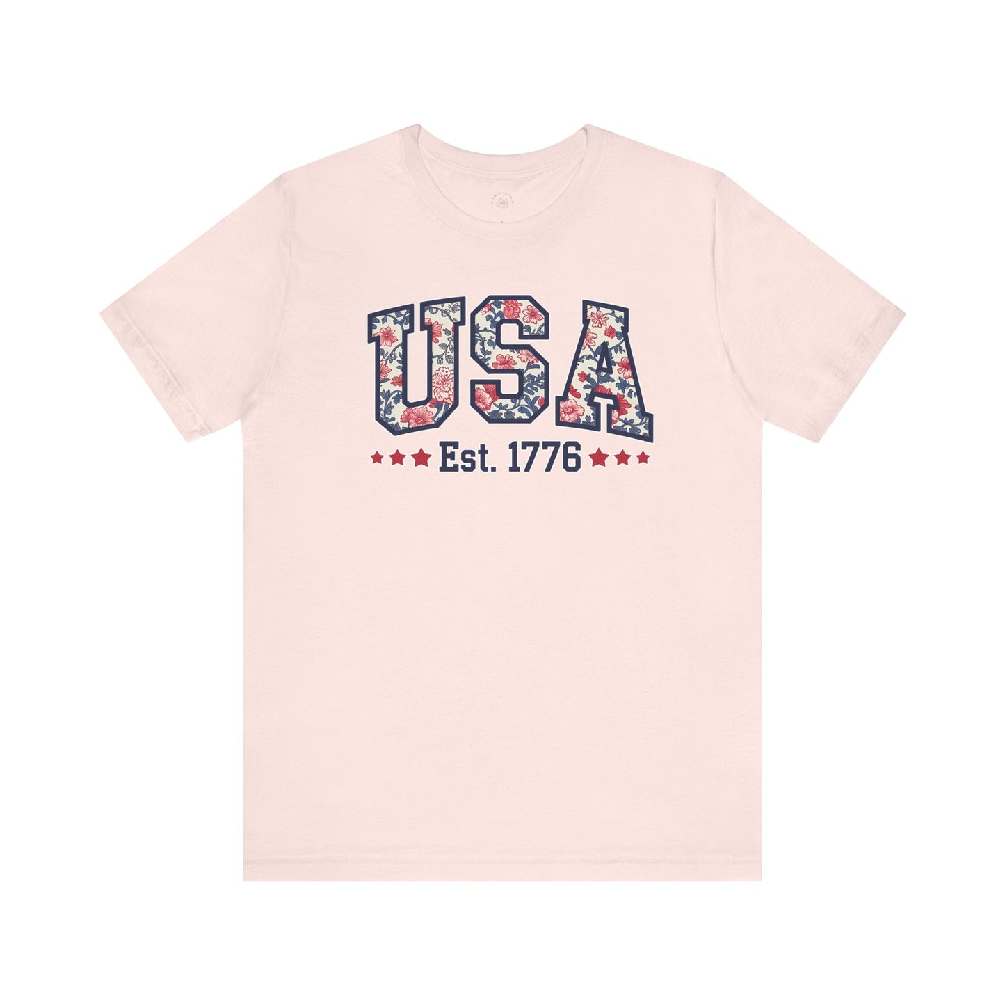 USA Floral Graphic Unisex Tee, Casual T-Shirt, Miss America Apparel, 4th of July Shirt, Est 1776, Comfy Top, Gift for her, Patriotic Shirt,
