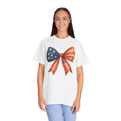 American Flag Bow T-Shirt, Patriotic Red White Blue Tee, 4th of July Unisex Top, Independence Day Shirt, USA Flag Graphic Tee