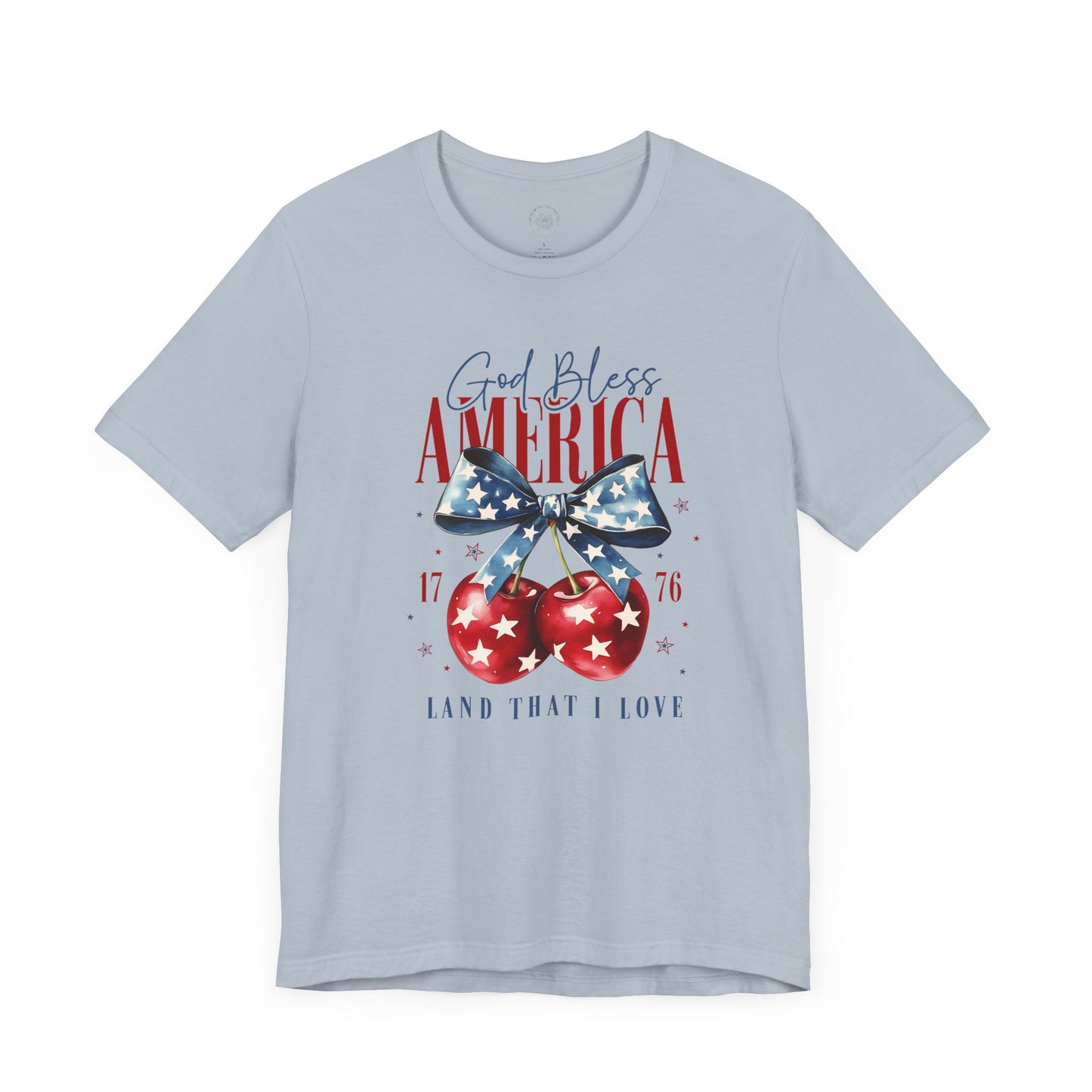 Cherry God Bless America Unisex Tee, Patriotic Cherries Shirt, USA Independence Day Top, Red White Blue Tee, American Theme T-Shirt
