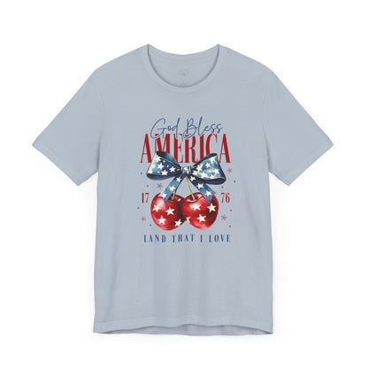 Cherry God Bless America Unisex Tee, Patriotic Cherries Shirt, USA Independence Day Top, Red White Blue Tee, American Theme T-Shirt