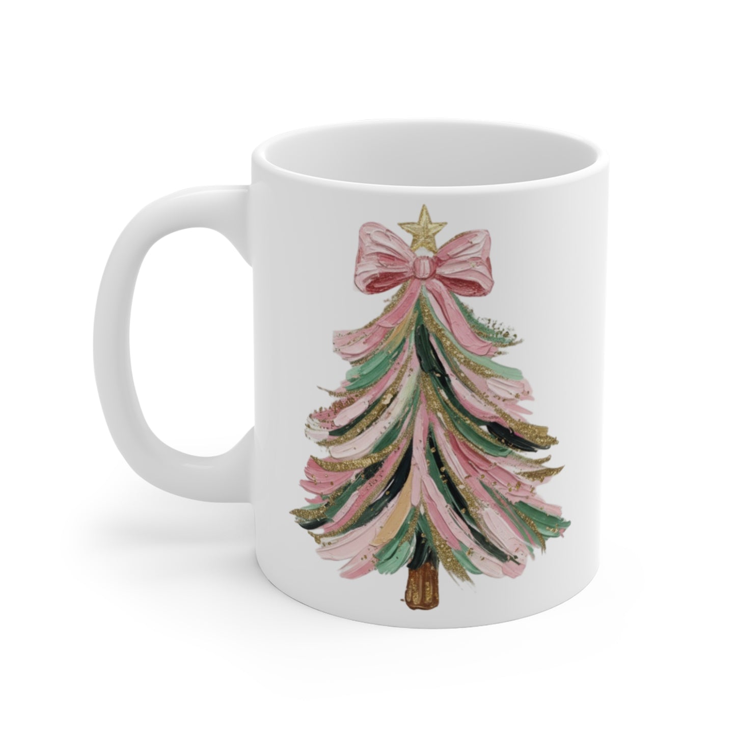 Coquette Christmas Mug | Pink Green Gold Glitter Tree | 11oz White Coffee Mug | Aesthetic Holiday Gift for Her