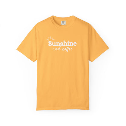 Sunshine and Coffee Unisex T-shirt, Summer Vibes Tee, Fun Colorful Shirt, Beach Lover Gift, Coffee Lovers Tee, Gift for Him/Her