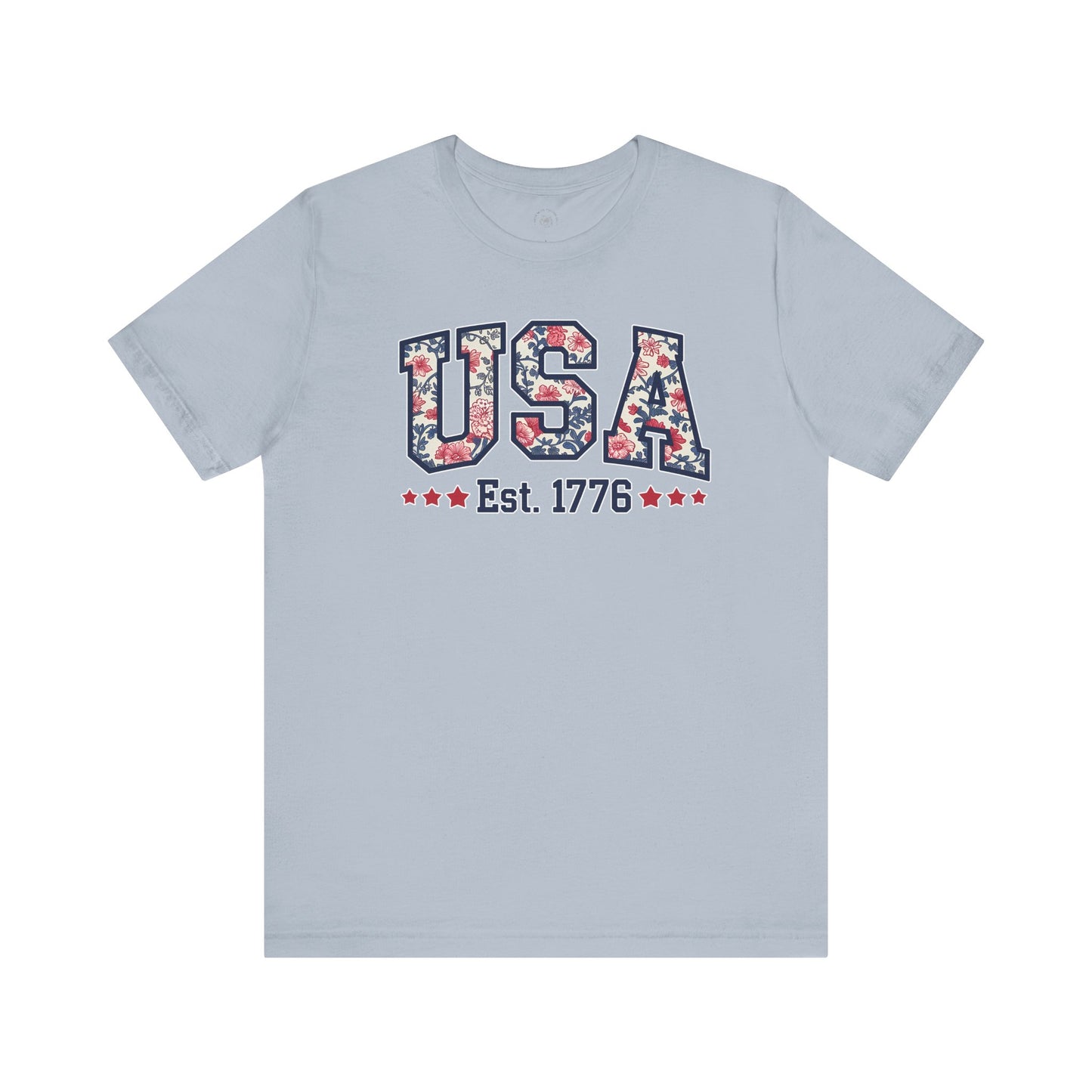 USA Floral Graphic Unisex Tee, Casual T-Shirt, Miss America Apparel, 4th of July Shirt, Est 1776, Comfy Top, Gift for her, Patriotic Shirt,