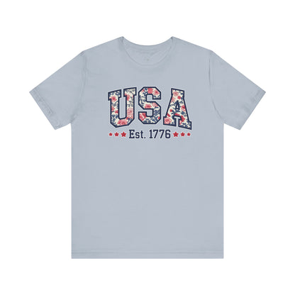 USA Floral Graphic Unisex Tee, Casual T-Shirt, Miss America Apparel, 4th of July Shirt, Est 1776, Comfy Top, Gift for her, Patriotic Shirt,