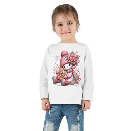 Snowman with Gingerbread, Toddler Long Sleeve Tee | Cute Winter Illustration