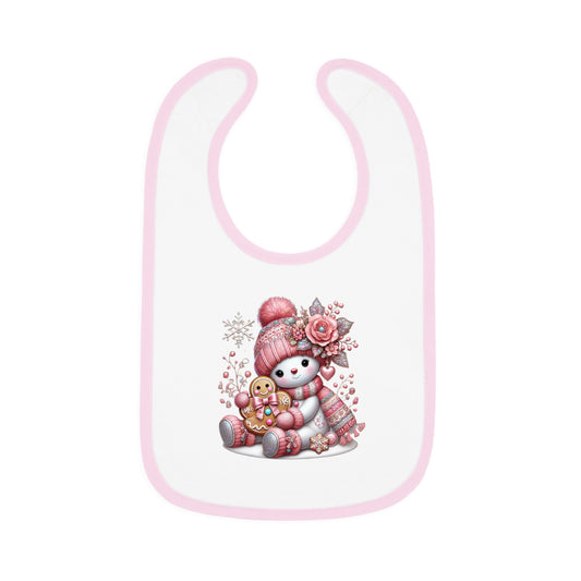 Snowman with Gingerbread Baby Bib | Pink Trim