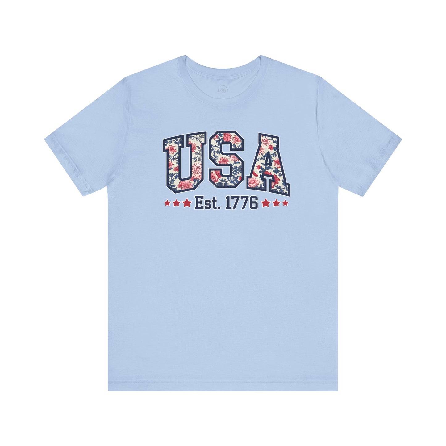USA Floral Graphic Unisex Tee, Casual T-Shirt, Miss America Apparel, 4th of July Shirt, Est 1776, Comfy Top, Gift for her, Patriotic Shirt,