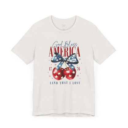 Cherry God Bless America Unisex Tee, Patriotic Cherries Shirt, USA Independence Day Top, Red White Blue Tee, American Theme T-Shirt