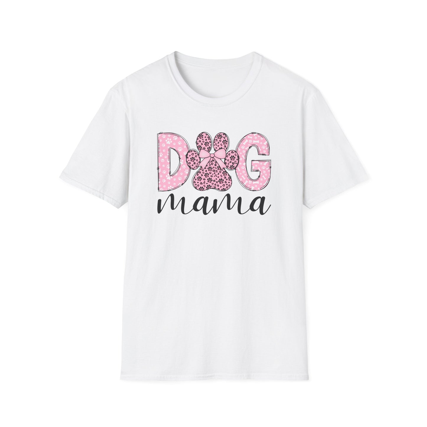 Dog Mama Pink Paw Print T-Shirt  Cute Dog Lover Graphic Tee  Pretty Pink Text with Paw Detail  Pet Mom Shirt
