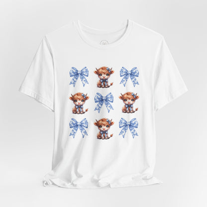 Cow and Bow Coquette Unisex Tee, Cute Animal T-Shirt, Farmhouse Style Shirt, Gender Neutral Top, Short Sleeve Jersey, Country Chic Tee