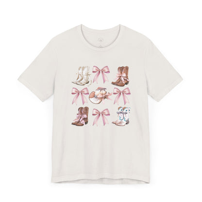 Cowgirl Boots and Sweet Pink Bows Unisex Jersey Tee, Southern Style Shirt, Western Graphic T-Shirt, Rodeo Theme Top, Country Music Fan Gift