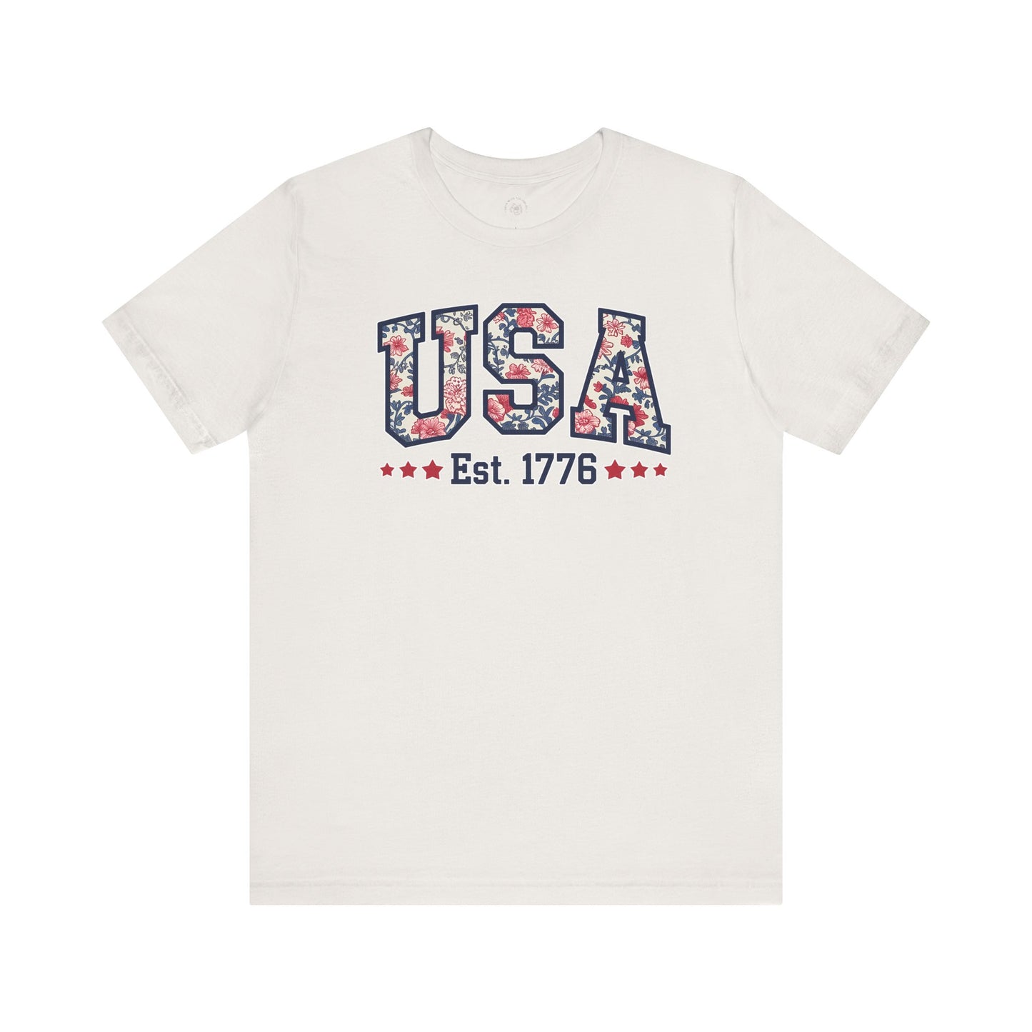 USA Floral Graphic Unisex Tee, Casual T-Shirt, Miss America Apparel, 4th of July Shirt, Est 1776, Comfy Top, Gift for her, Patriotic Shirt,