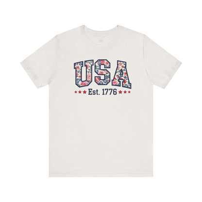 USA Floral Graphic Unisex Tee, Casual T-Shirt, Miss America Apparel, 4th of July Shirt, Est 1776, Comfy Top, Gift for her, Patriotic Shirt,