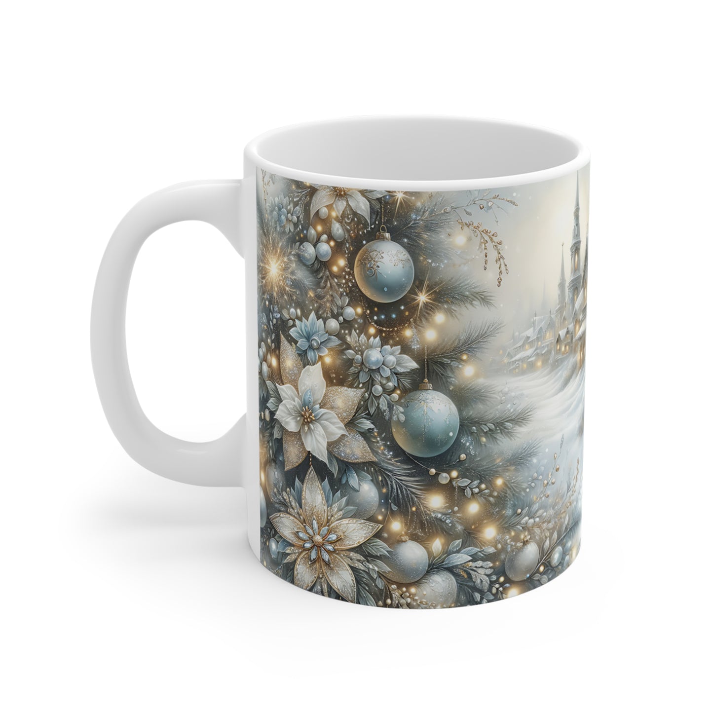 Vintage Christmas Mug | Snowy Village Scene | Silver Blue White Holiday Mug | 11oz Ceramic Cup