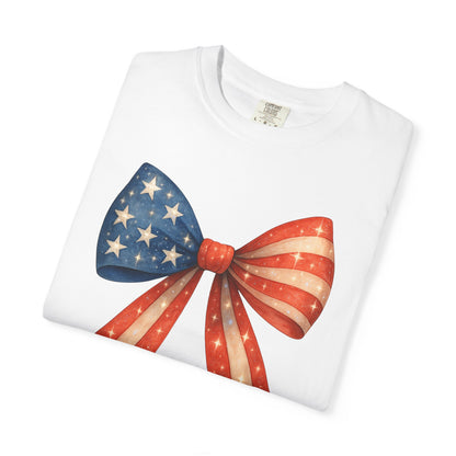 American Flag Bow T-Shirt, Patriotic Red White Blue Tee, 4th of July Unisex Top, Independence Day Shirt, USA Flag Graphic Tee