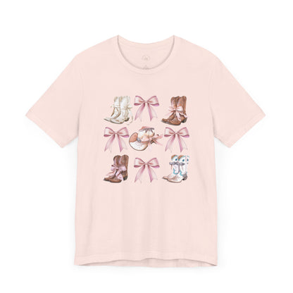Cowgirl Boots and Sweet Pink Bows Unisex Jersey Tee, Southern Style Shirt, Western Graphic T-Shirt, Rodeo Theme Top, Country Music Fan Gift