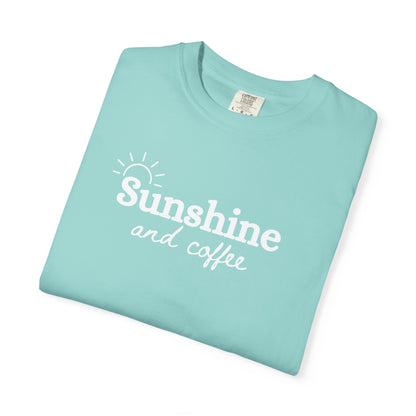 Sunshine and Coffee Unisex T-shirt, Summer Vibes Tee, Fun Colorful Shirt, Beach Lover Gift, Coffee Lovers Tee, Gift for Him/Her