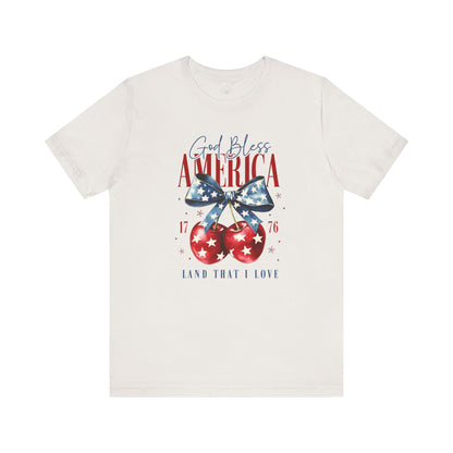 Cherry God Bless America Unisex Tee, Patriotic Cherries Shirt, USA Independence Day Top, Red White Blue Tee, American Theme T-Shirt