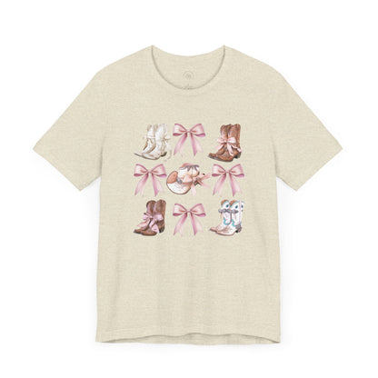 Cowgirl Boots and Sweet Pink Bows Unisex Jersey Tee, Southern Style Shirt, Western Graphic T-Shirt, Rodeo Theme Top, Country Music Fan Gift