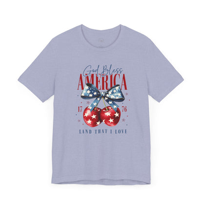 Cherry God Bless America Unisex Tee, Patriotic Cherries Shirt, USA Independence Day Top, Red White Blue Tee, American Theme T-Shirt